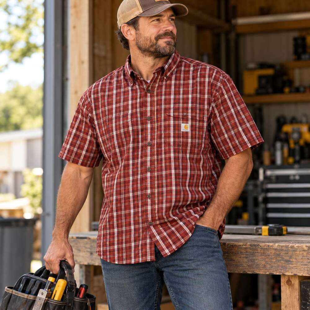 Carhartt Short-Sleeve Plaid Shirt XL Red Loose Fit Craftsman Handyman